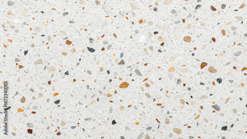 Close-up texture of white terrazzo with colorful stone chip fragments surface background