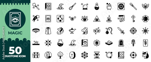 Magic Editable Icons set. Vector illustration in modern thin duotone style of magic related icons: magic, entertainment, magician, and more. Isolated on transparent background