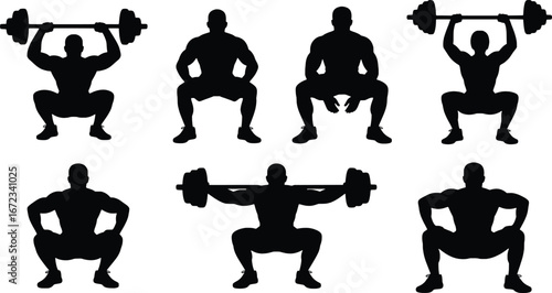 Silhouettes of weightlifters performing squats with barbells showcasing strength and fitness exercises.