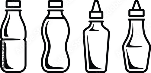 Diverse collection of bottle icons representing liquids and condiments ideal for food and beverage branding