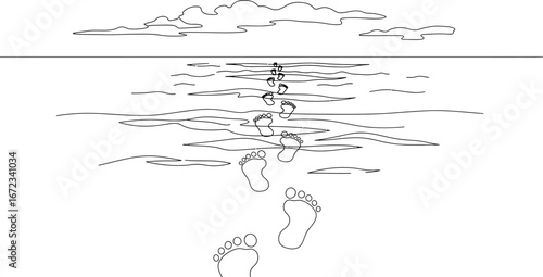Footprints beach ocean water sand sky horizon clouds travel vacation journey path