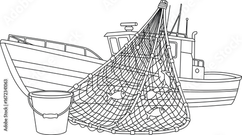 Fishing boat net catch fish sea ocean marine vessel industry seafood bucket outline