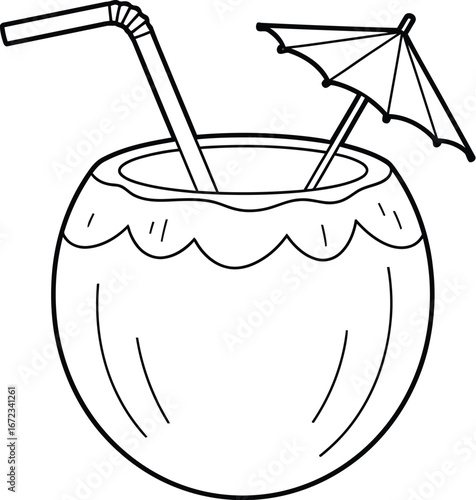 Coconut drink straw umbrella summer tropical vacation beach cocktail refreshment