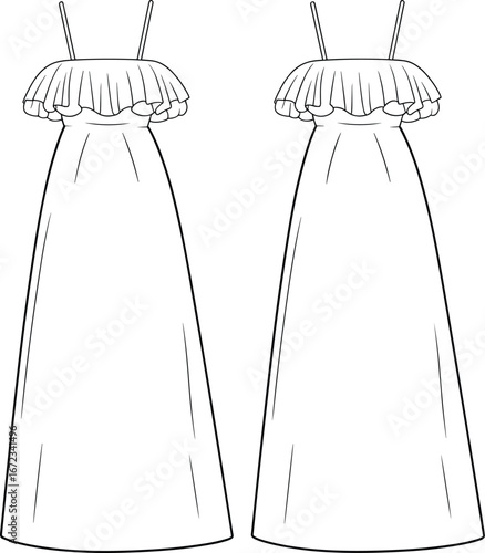Elegant black and white vector illustration of identical long dresses with ruffled off‑shoulder neckline for fashion design and garment pattern making