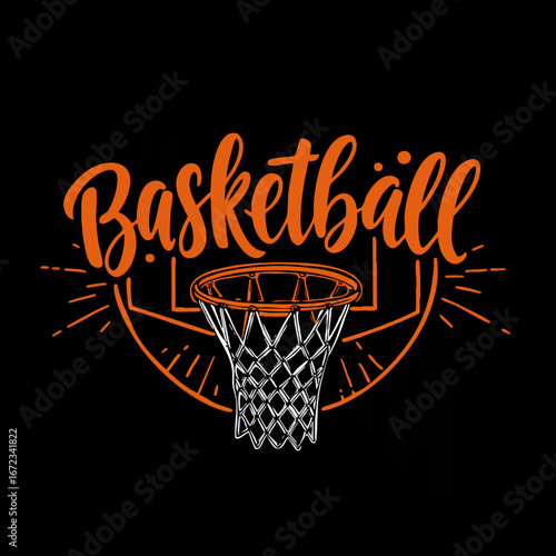 Dynamic Basketball Hoop Illustration with Bold Orange Lettering on Black Background
