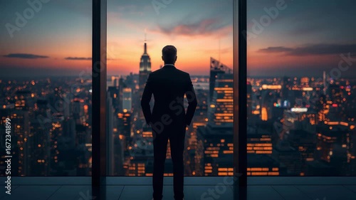 back view of a businessman wearing a suit standing in his office and looking out at the city skyline 4k video