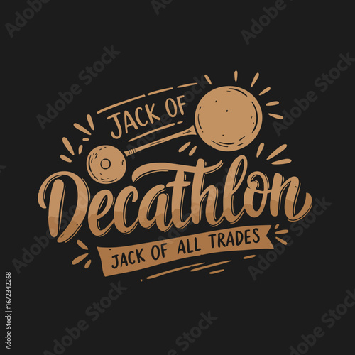 Versatile Decathlete: Hand-drawn "Jack of All Trades" Sports Motto Illustration with Athletic Emblems
