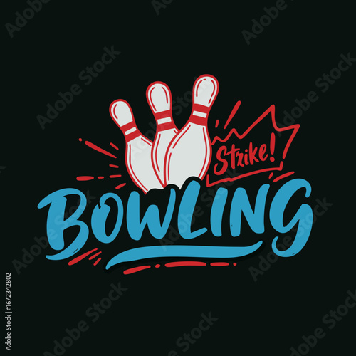 Bowling Strike! Hand-drawn lettering with pins on a dark background, perfect for sports and entertainment graphics.