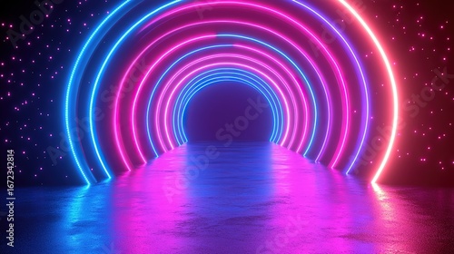Neon - Lit Tunnel with Pink and Blue Arches and Starry Background