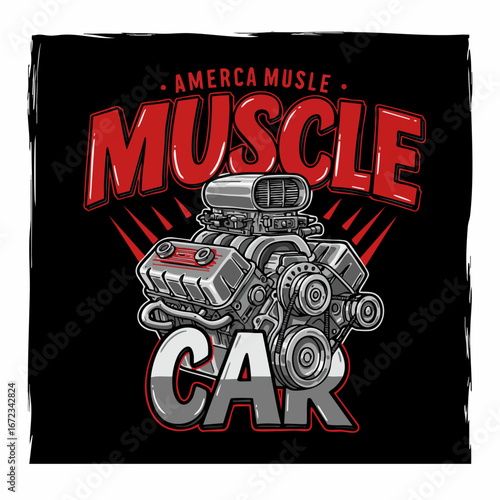 Powerful American Muscle Car Engine Illustration with Retro Hot Rod Styling, Ideal for Automotive Enthusiast Apparel, Posters, and Merchandise Designs.