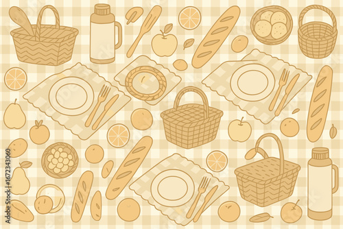 Gathering food essentials for a picnic on a checkered blanket in a sunny park setting