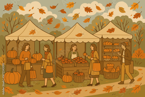 Autumn farmers market features pumpkins and baked goods with visitors enjoying the seasonal harvest
