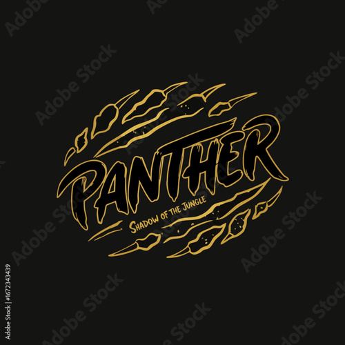 Fierce "Panther Shadow of the Jungle" lettering with golden claw marks on a black background, a powerful and aggressive graphic design.
