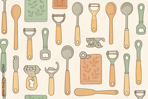 Various kitchen utensils and tools arranged in a creative pattern on a light background