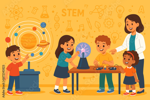 Exciting STEM activities engage children in learning about science and exploration in a bright classroom setting