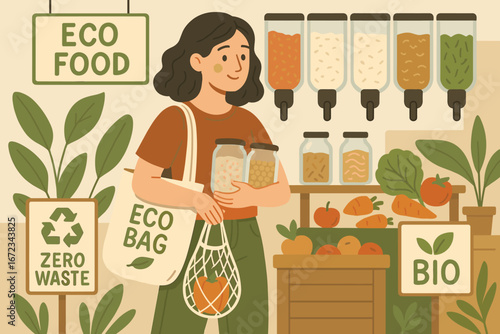 Woman carrying eco-friendly bags at a sustainable food market promoting zero waste and organic products