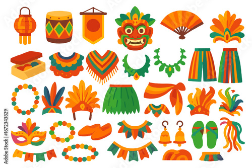 Colorful festival decorations and costumes showcase traditional cultural elements in a vibrant celebration
