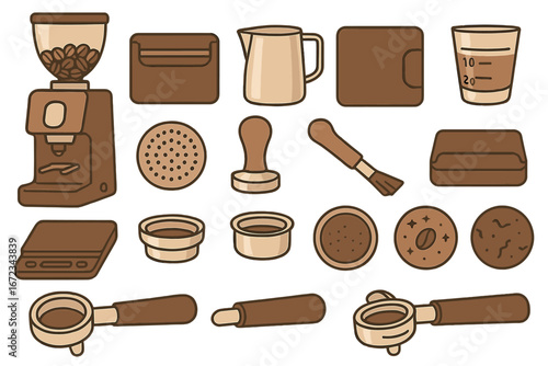 Coffee Brewing Equipment Icon Set – Espresso Machine, Grinder, Milk Frothing Pitcher, Portafilter, Tamper, Coffee Scale, and Accessories on Brown Gradient Background