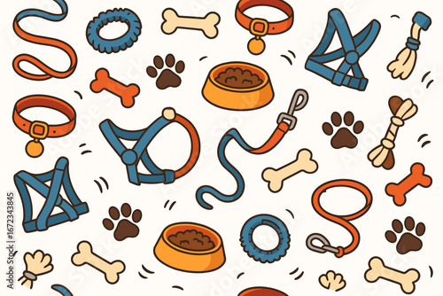 Colorful pattern of pet accessories including collars, leashes, and bowls for dogs in a playful design