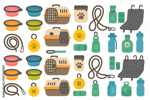 Colorful pet travel and care icons set including collapsible bowls, leashes, pet ID tags, carriers, treat containers, waste bag dispensers, grooming tools, water bottles, and car seat covers