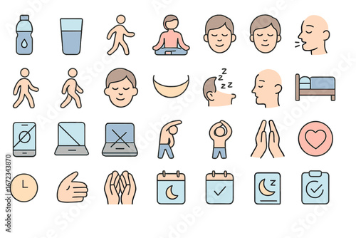 Healthy lifestyle and wellness icons set with hydration, walking, meditation, breathing, relaxation, digital detox, stretching, gratitude, sleep, and self-care in soft pastel colors