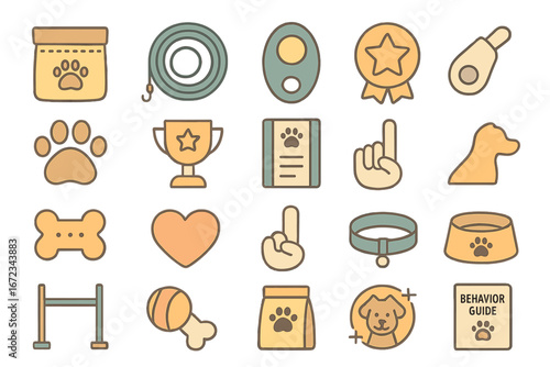 Collection of pet care icons including paw prints, toys, and training materials for pet owners
