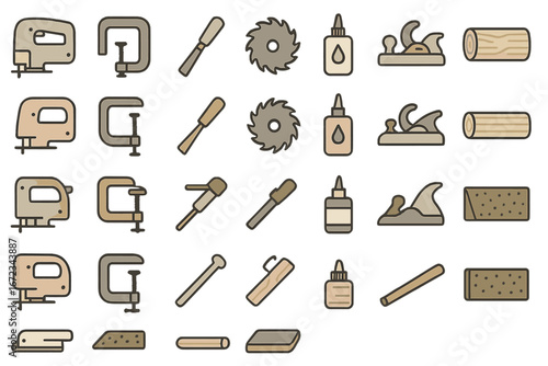 Woodworking tool icon set with jigsaw, clamps, chisels, circular saw blades, wood glue, hand planes, logs, hammers, sanding blocks, and woodworking accessories