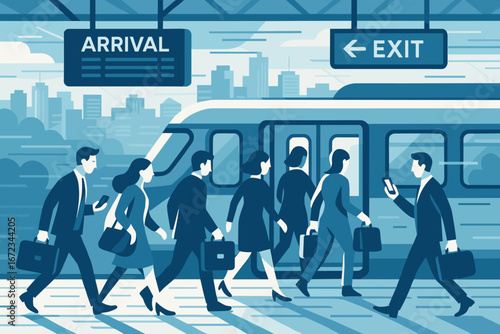 People commuting in a busy urban train station during morning rush hour near city skyline