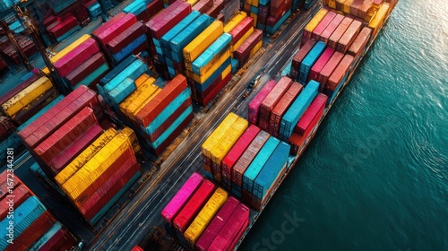 Aerial Overview of Vibrant Cargo Containers in Red, Blue, and Yellow Illustrating Efficient Supply Chain Management and Modern Logistics