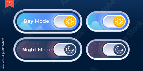 Dark mode and light mode toggle switch buttons. Material design slider switch buttons set. Day and night mode switch button. Vector illustration.
