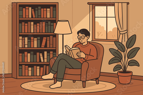 Cozy reading time in a warmly lit room with bookshelves and a comfortable chair