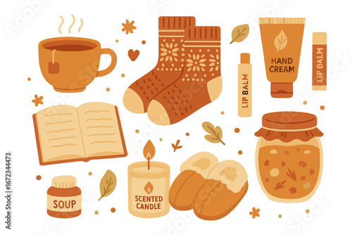 Cozy autumn comfort elements including warm beverages, skincare products, and relaxing activities