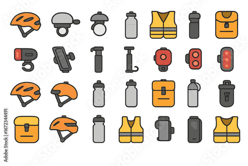 Cycling gear and accessories displayed on a neutral background ready for outdoor activities and safety measures