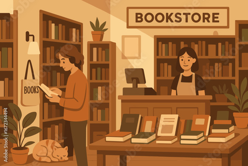 Visitors enjoying their time in a cozy bookstore with shelves full of books and a friendly staff member present