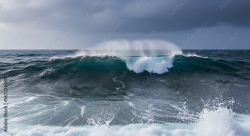 Fototapeta premium Powerful ocean wave crashing with a dramatic spray of white foam against a stormy overcast sky
