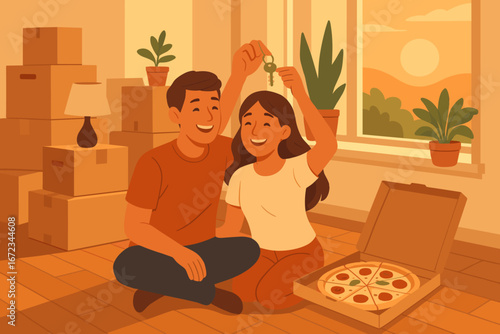 Happy Couple Celebrating New Home Move-In with Pizza During Sunset Surrounded by Moving Boxes