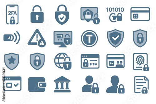 Icons representing digital security measures for online safety in various scenarios