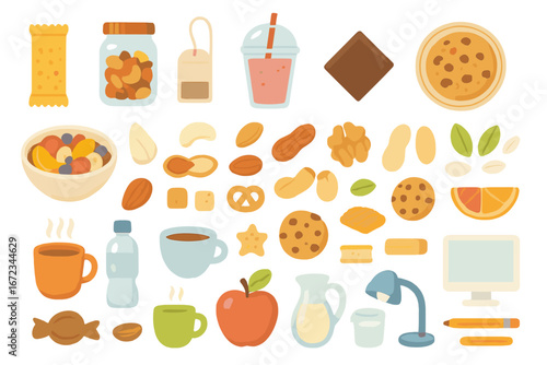 Colorful assortment of snacks and beverages laid out on a neutral background during afternoon refreshment time