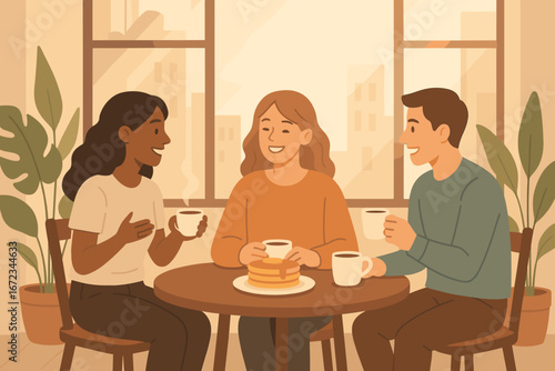 Friends enjoying pancakes and coffee in a cozy cafe during a sunny morning in an urban setting