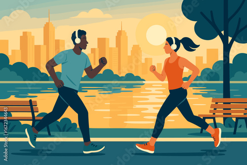 Morning joggers running along a waterfront path in a city at sunrise with skyline in the background