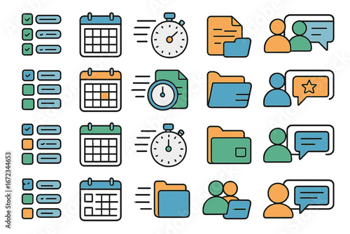 Colorful icons representing organization tasks, scheduling, and communication for efficient project management