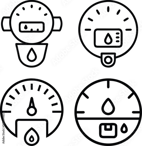 Vector art of set of four line art icons representing gauges and meters