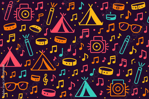 Colorful seamless festival pattern with tents, speakers, music notes, glow sticks, wristbands, and sunglasses on dark background