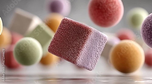 Abstract 3D Shapes floating colorful geometric spheres and cubes with soft shadows, modern clean design style, isolated on light background