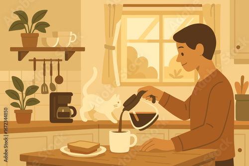 Morning coffee ritual in a cozy kitchen with a cat and toast on the table