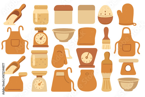 Cozy baking tools illustration with measuring scoops, jars, kitchen scales, mixing bowls, aprons, oven mitts, pastry brushes, timers, and bread on warm orange background