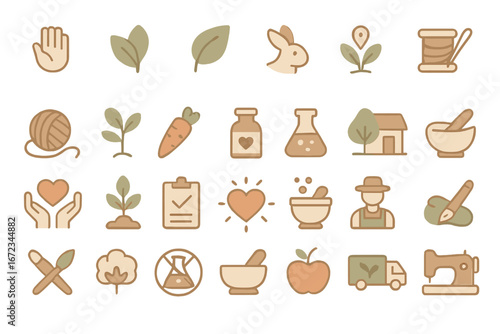 Sustainable and eco-friendly lifestyle icons set with organic farming, cruelty-free, handmade products, natural ingredients, and ethical production on brown background