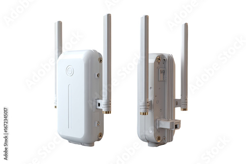Two white wireless devices, angled views, showing antenna