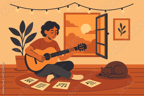 Musician plays guitar and composes music at sunset while relaxing with a cat indoors