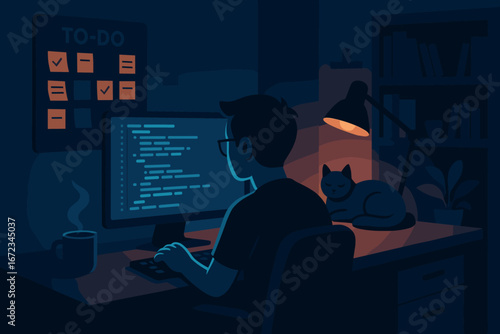 Nighttime home office scene with programmer working at computer, to-do list board, coffee mug, desk lamp, sleeping cat, bookshelves, and houseplant in warm and cool lighting